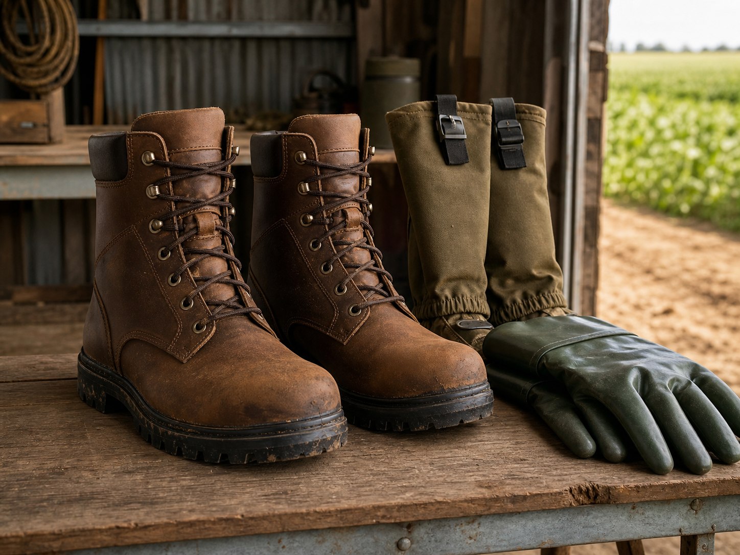 Botas, perneiras e luvas para a rotina rural.