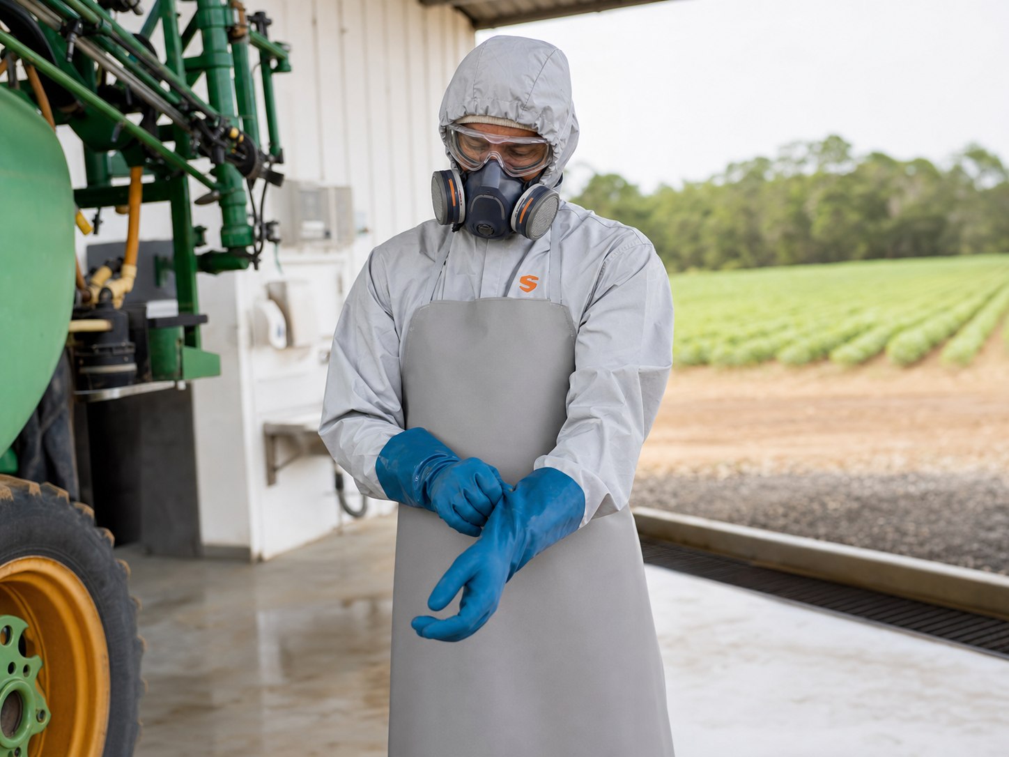 Vestimenta profissional e EPIs para aplicação de defensivos agrícolas.