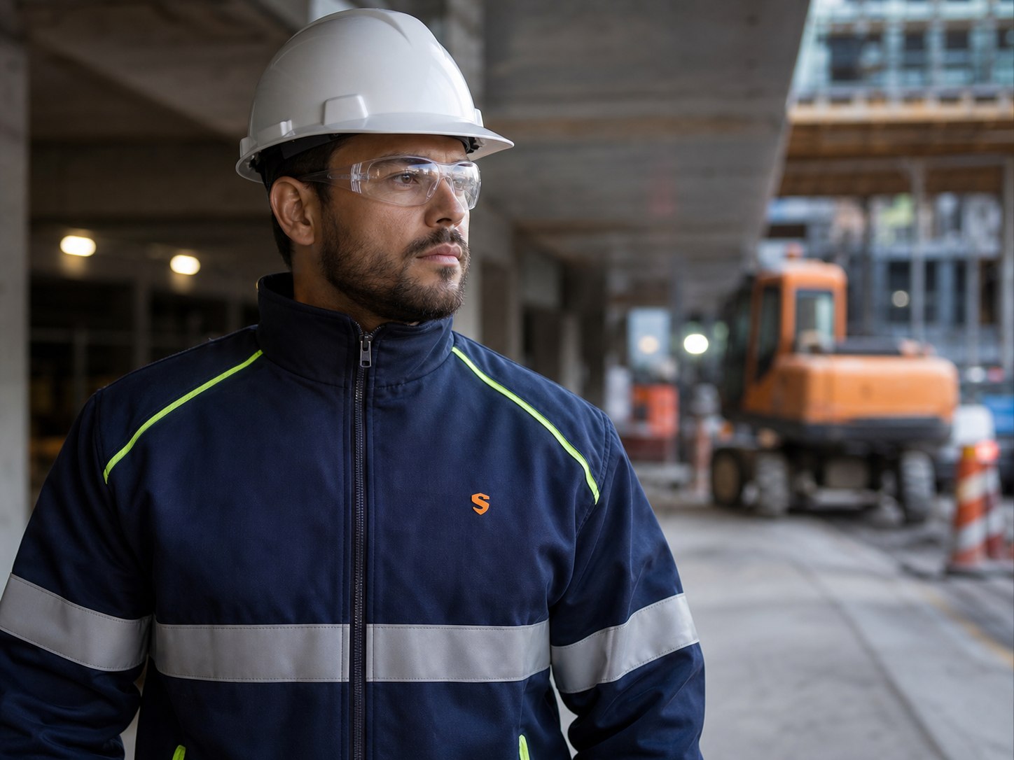 Profissional da construção com uniforme de alta visibilidade personalizado.