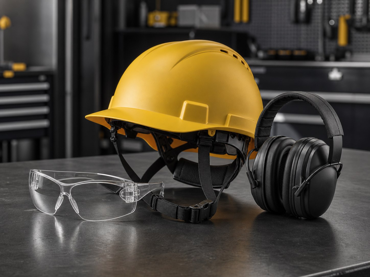 Capacete, óculos e proteção auditiva para cabeça e face.