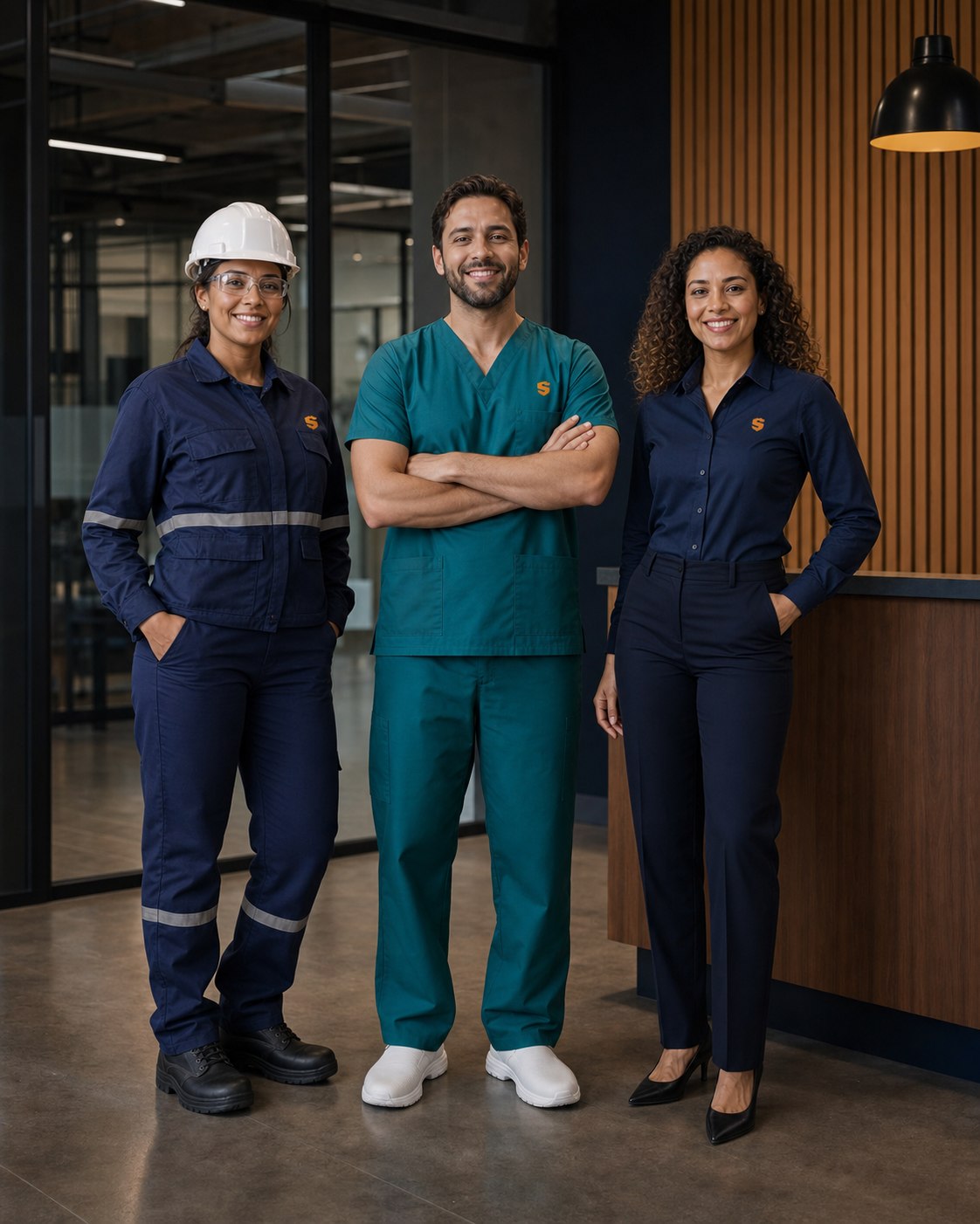 Equipe profissional dos setores de indústria, saúde e escritório usando uniformes Supply.