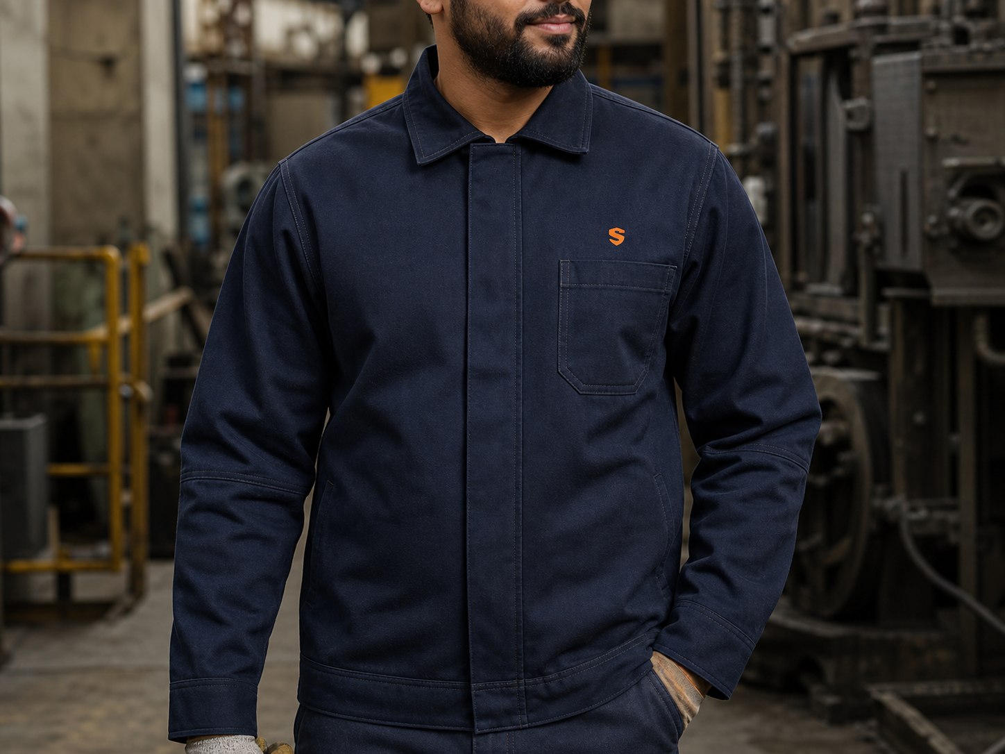 Uniforme industrial em brim azul-marinho personalizado com a marca Supply.
