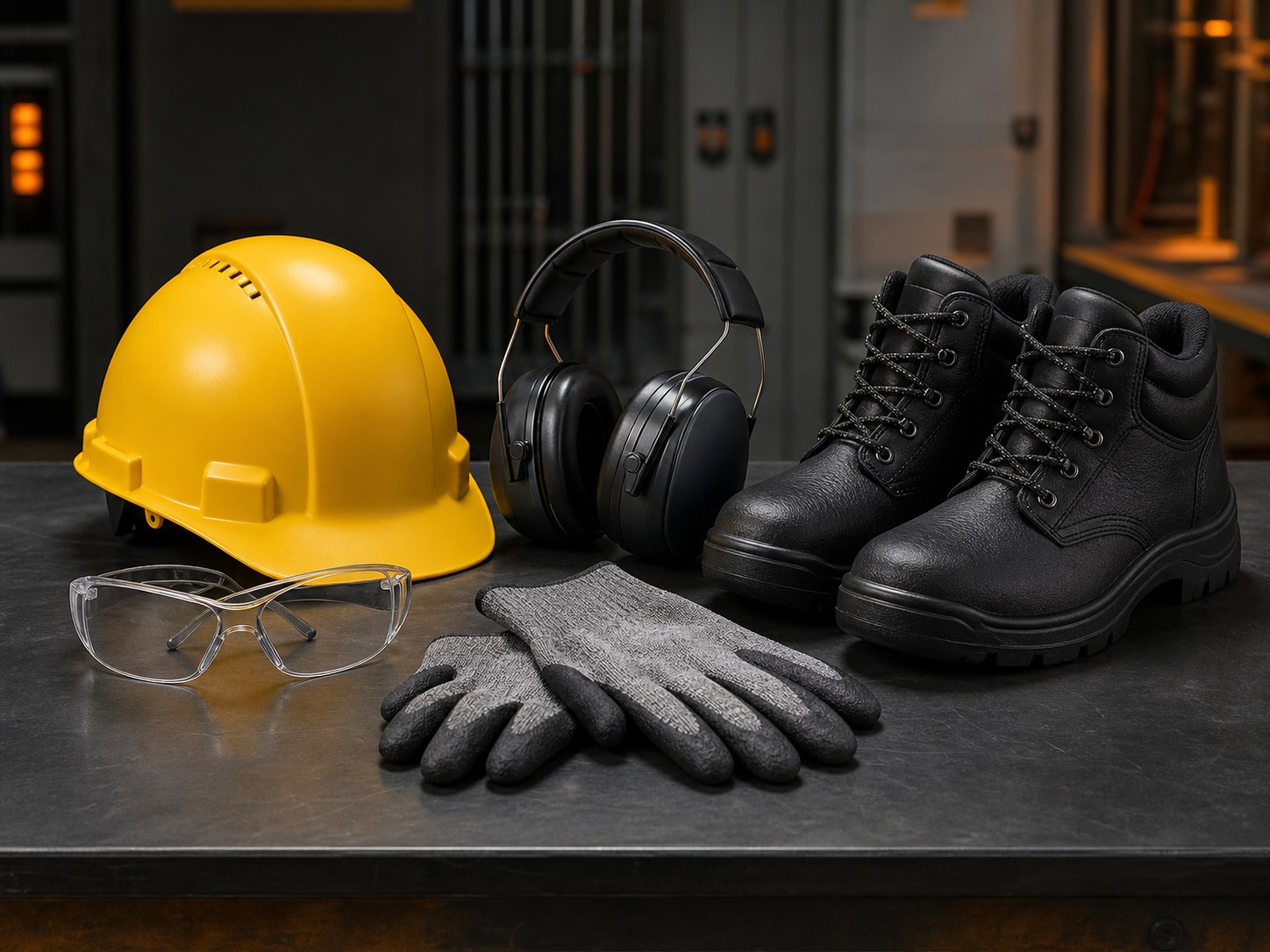 Conjunto profissional de capacete, óculos, protetor auditivo, luvas e calçados de segurança.