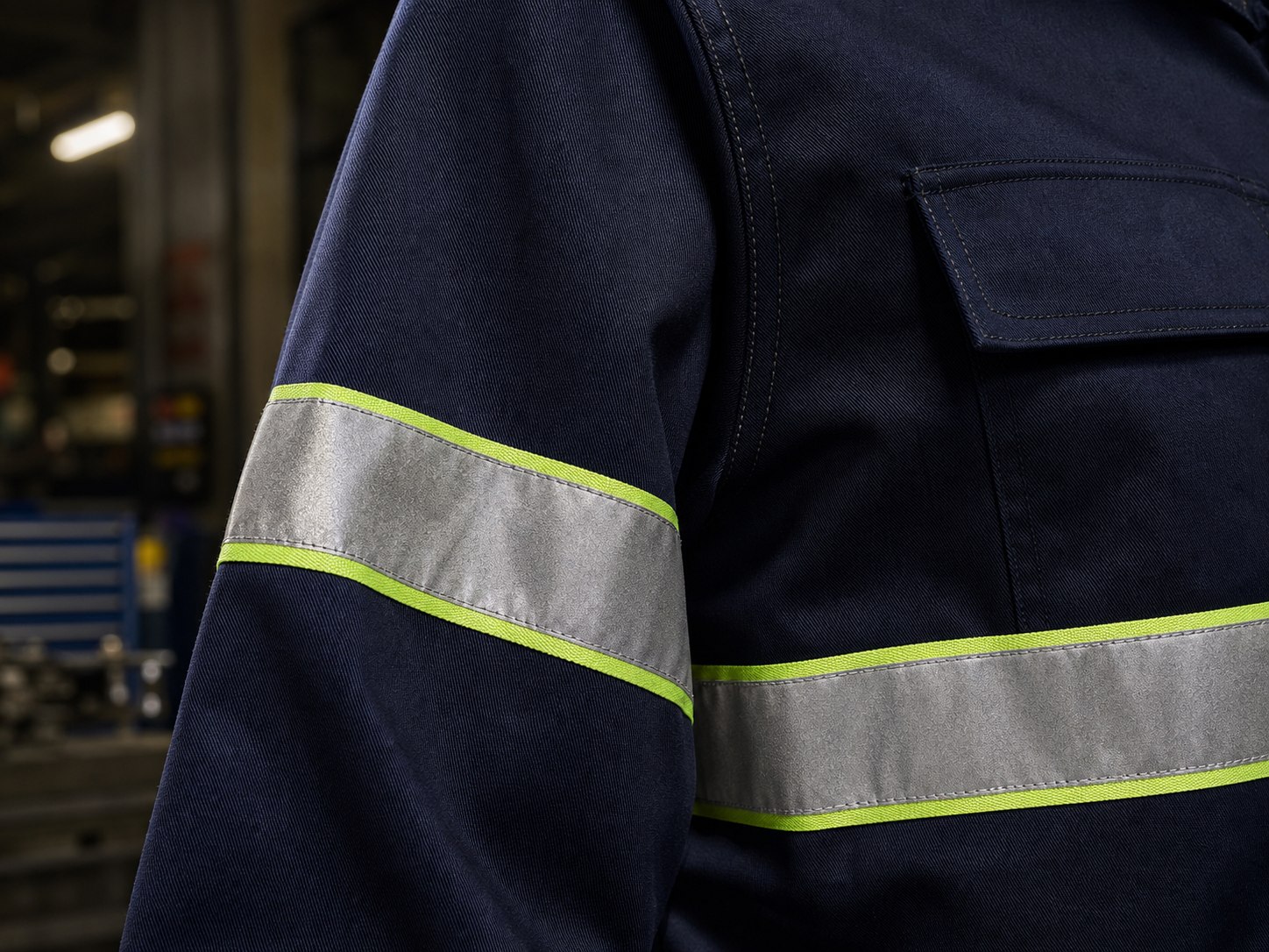 Detalhe de faixa refletiva aplicada ao uniforme industrial.