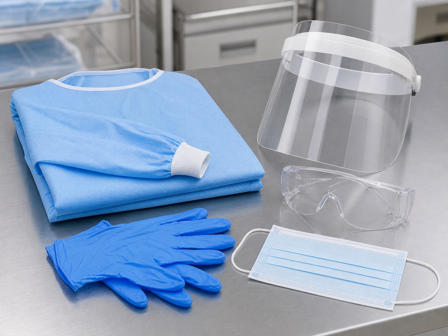 Avental e itens de barreira para ambiente hospitalar.